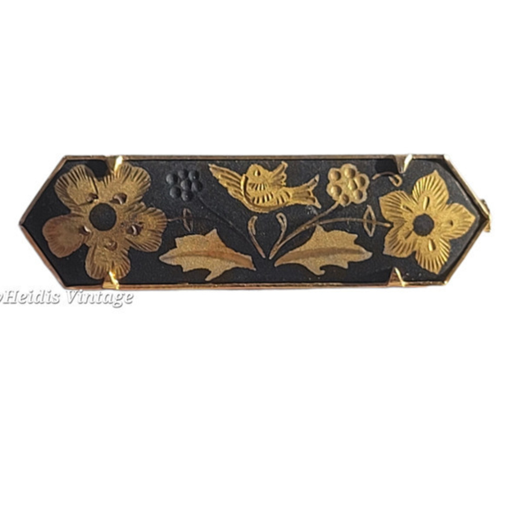 HP Vintage Damascene Etched‎ Birds and Flowers Gold and Black Bar Brooch